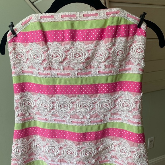Lilly Pulitzer Dress 4 Strapless Pink Green White Lace Floral Polka Dot Ribbon - Picture 4 of 11